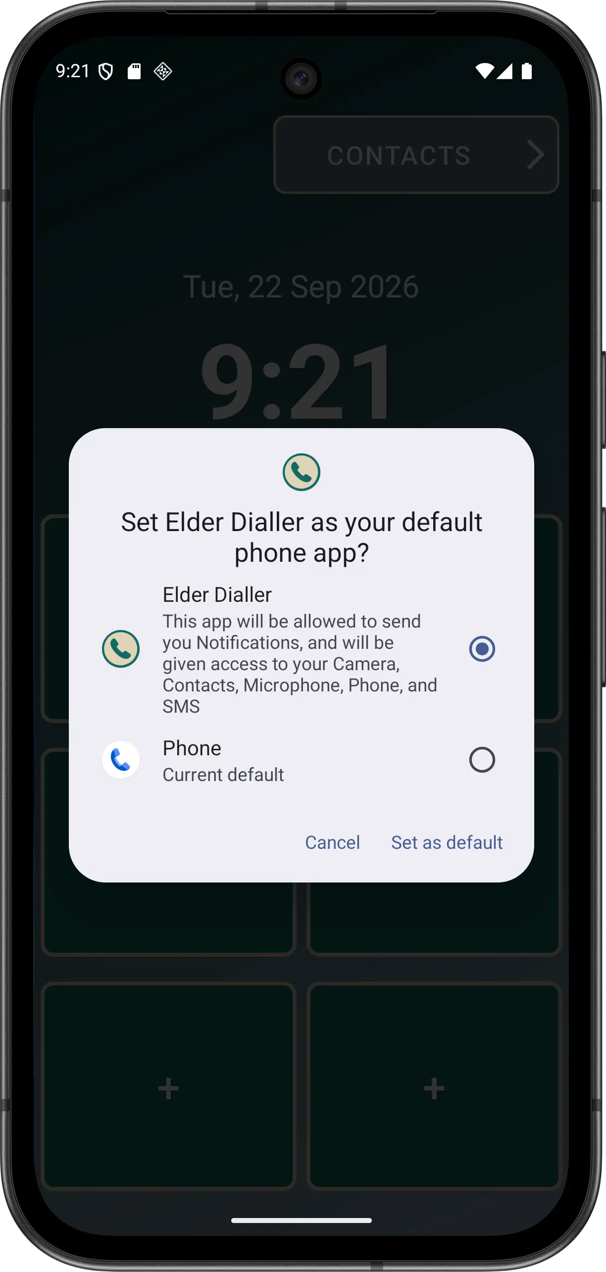 Illustrative Pixel Android prompt asking whether Elder Dialler should be the default phone app.
