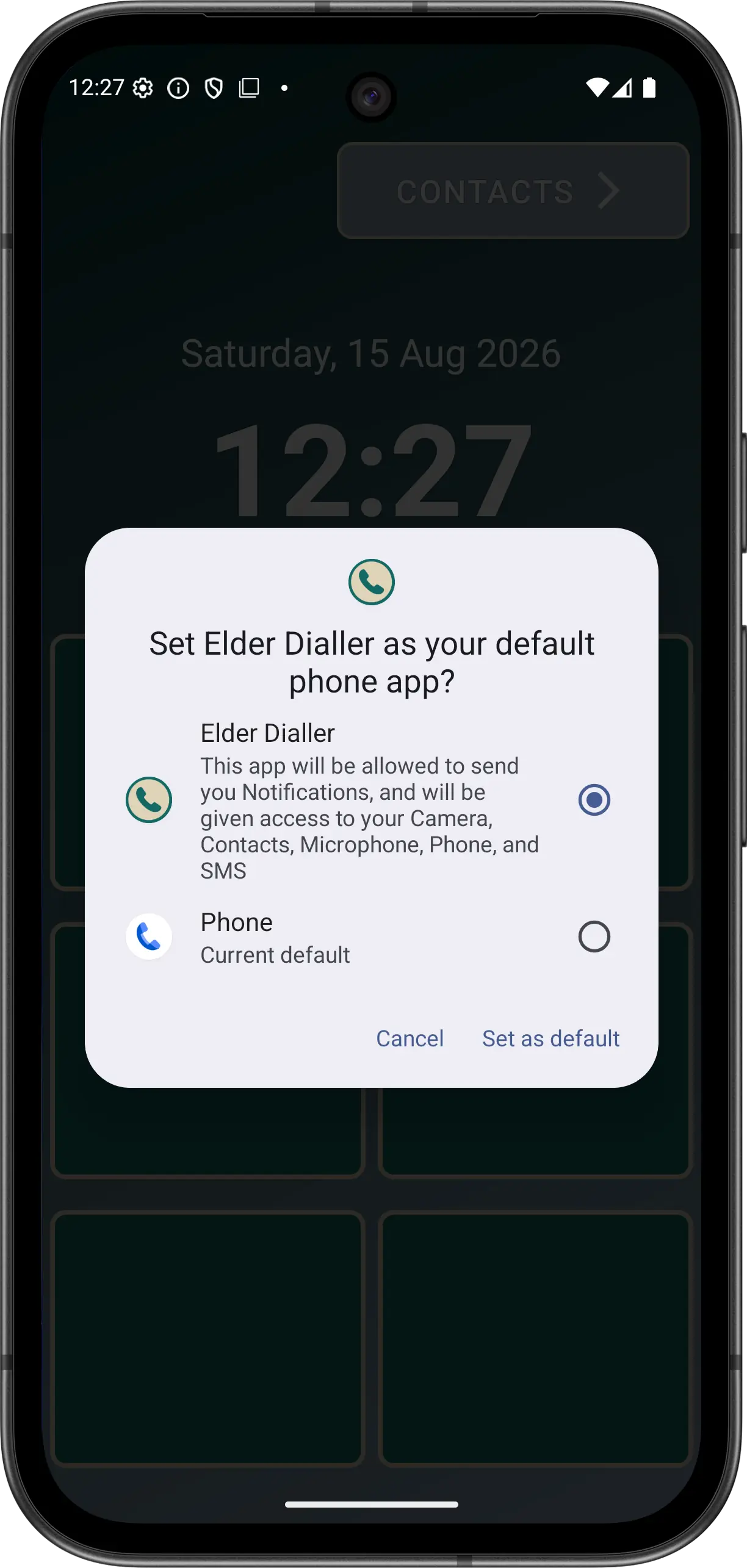 Illustrative Android Contacts permission prompt for Elder Dialler.