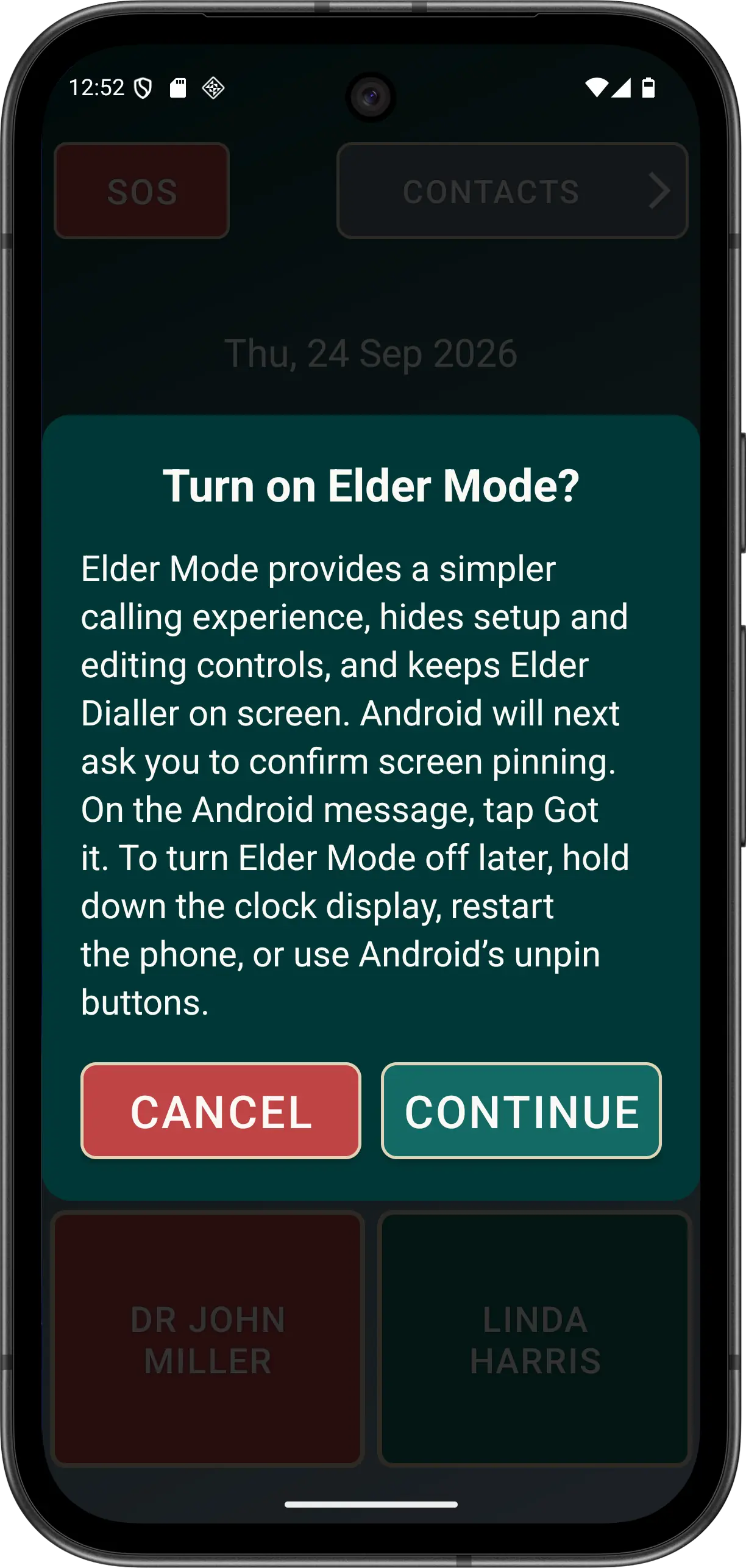 Illustrative Elder Dialler dialog shown before Android screen pinning is requested.