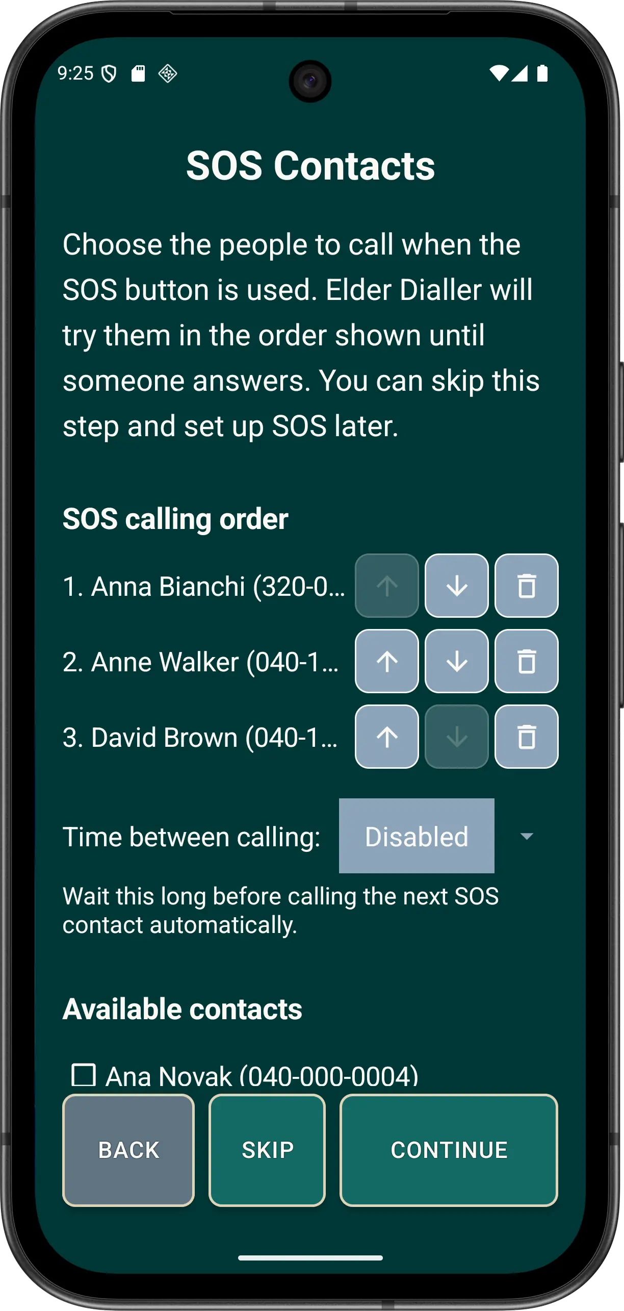 Illustrative Guided Setup screen with fictitious SOS contacts in calling order.