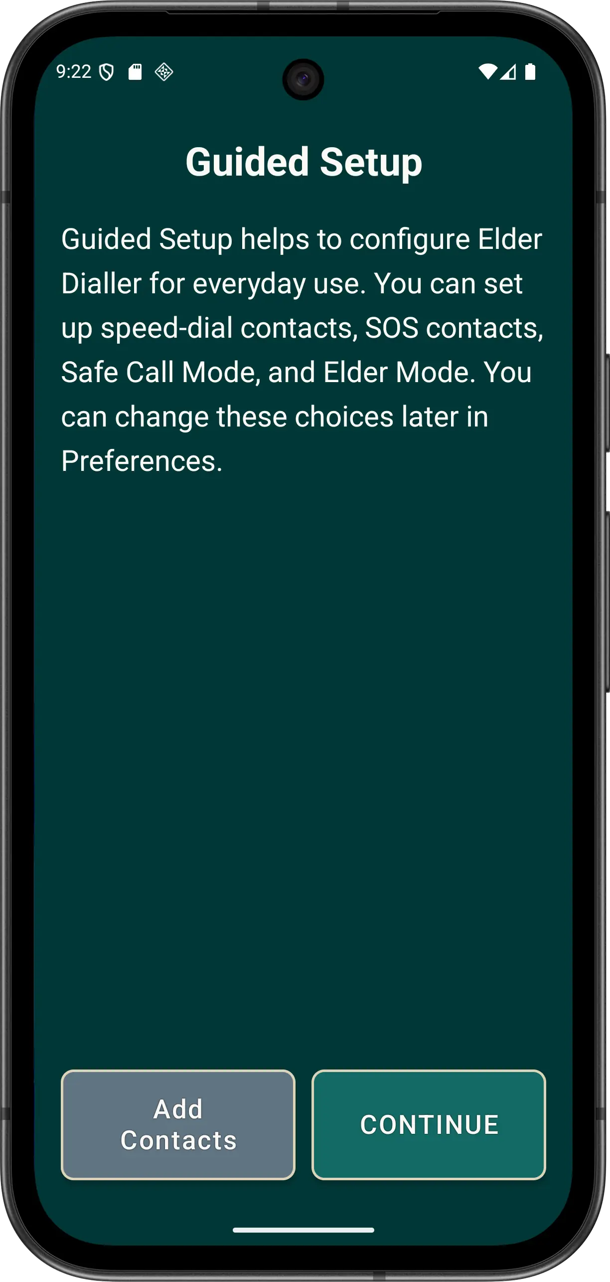 Illustrative Elder Dialler Guided Setup welcome screen with ADD CONTACTS and CONTINUE buttons.