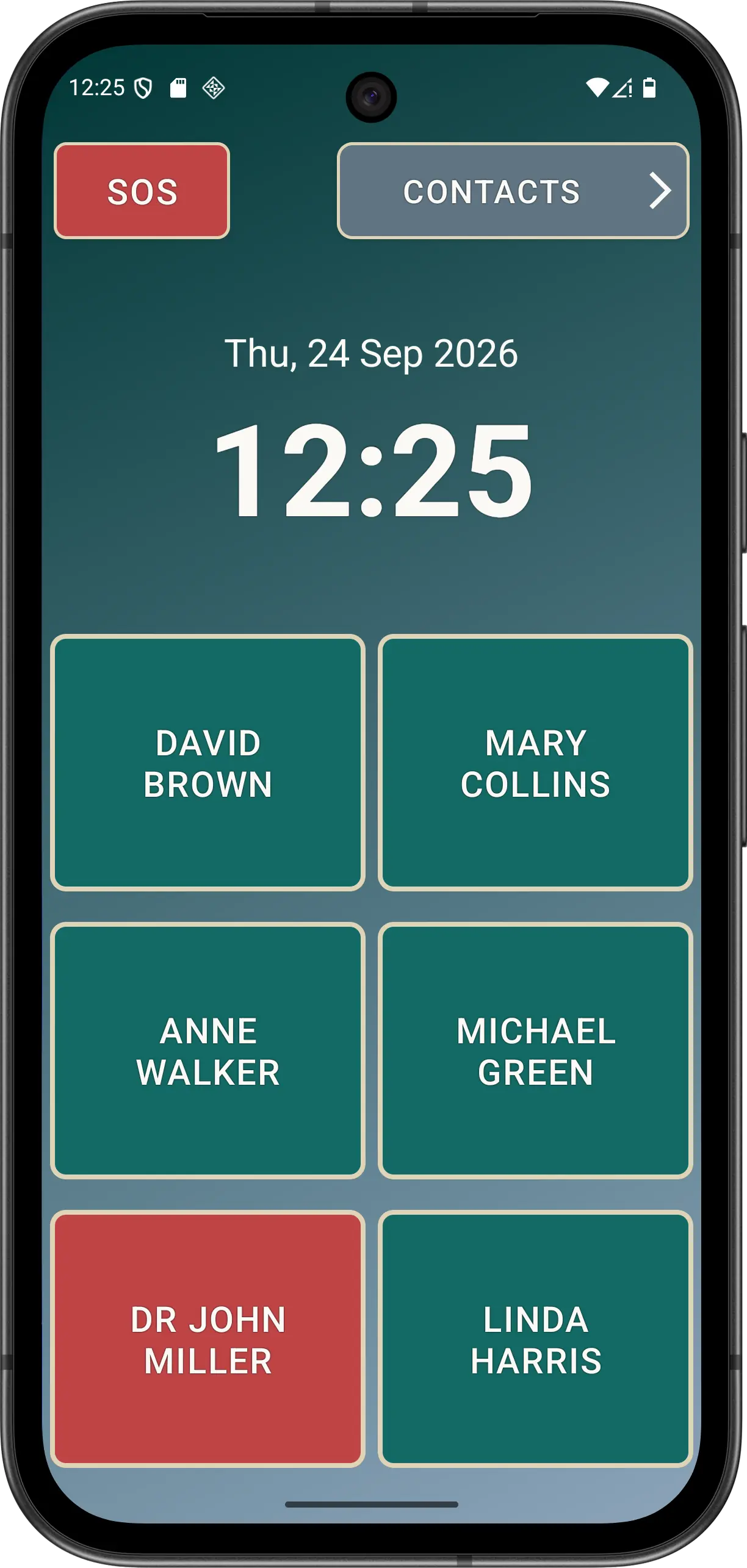 Configured Elder Dialler main screen in Normal Mode with CONTACTS and text speed dials.