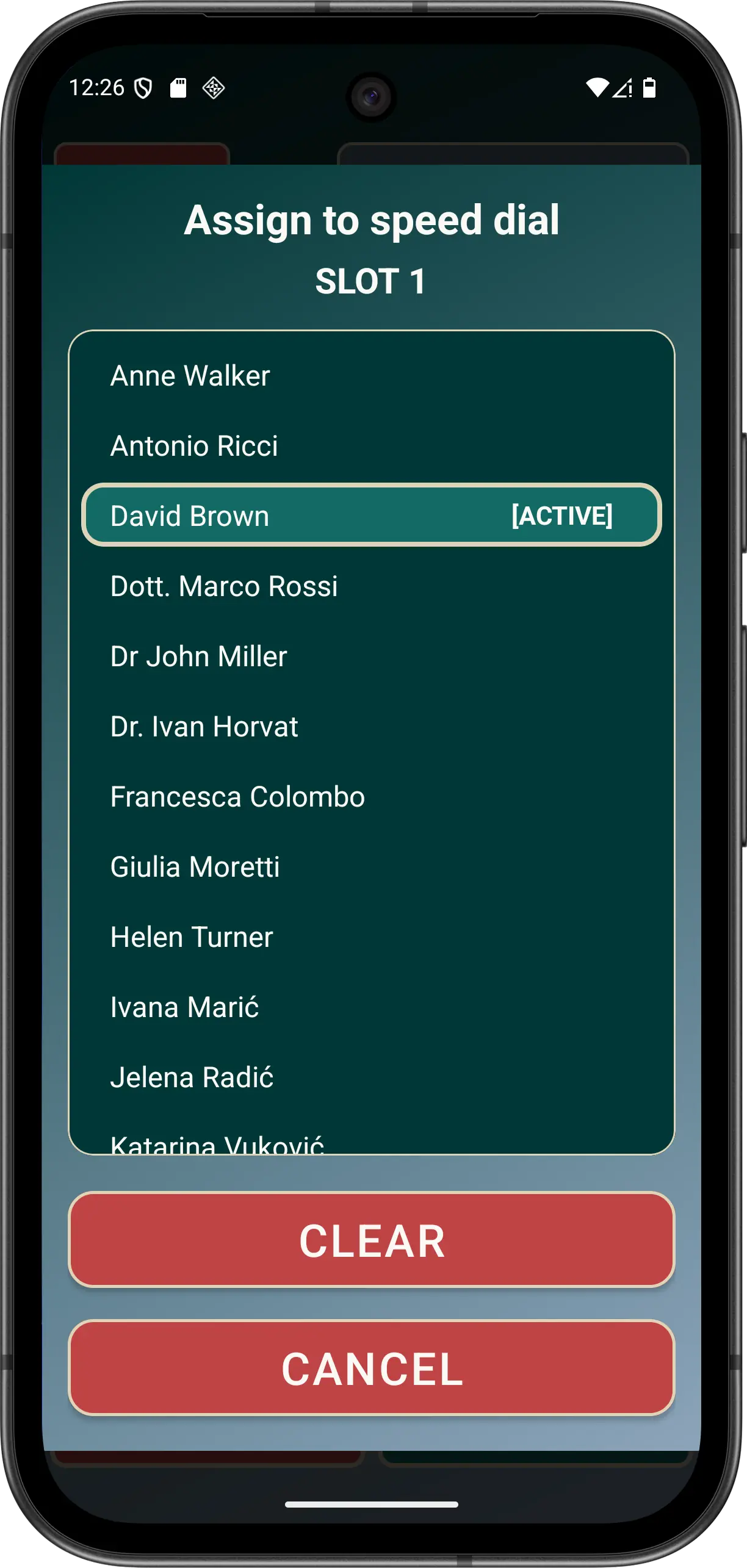 Elder Dialler assignment dialog showing the selected speed-dial slot and CLEAR action.