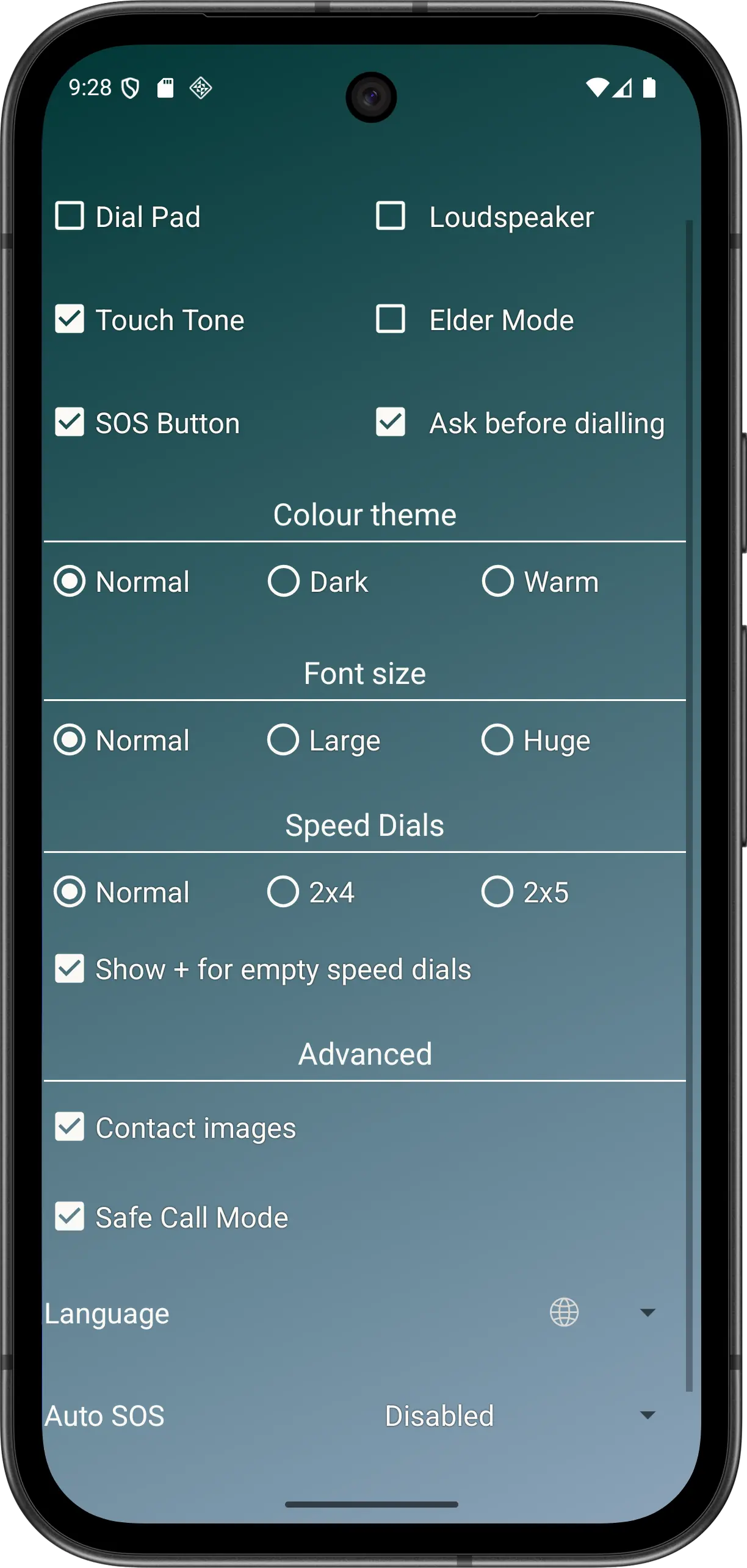 Elder Dialler Preferences overview showing current selectors and Advanced options.