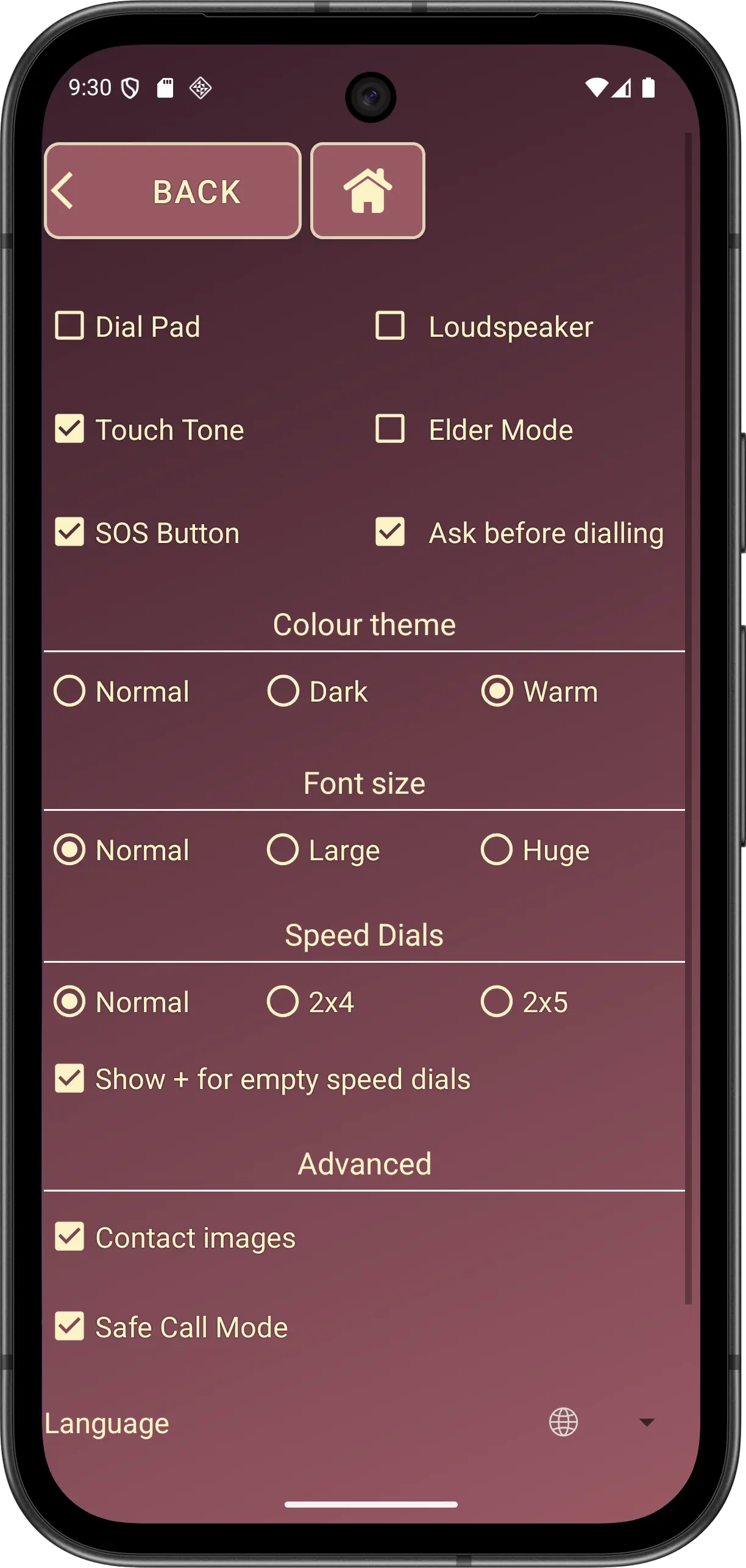 Elder Dialler colour theme options: Normal, Dark and Warm.