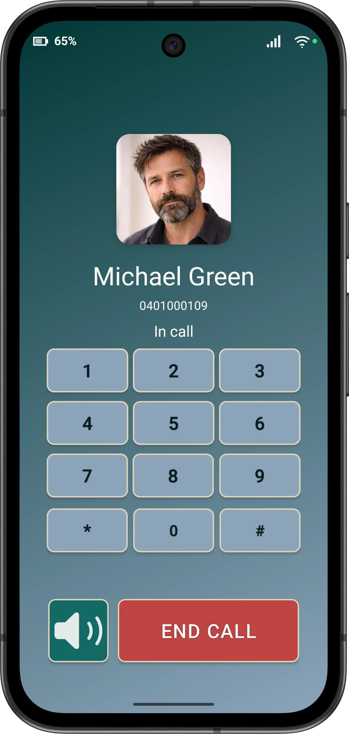 Illustrative Elder Dialler active-call screen with a fictitious caller and END CALL.