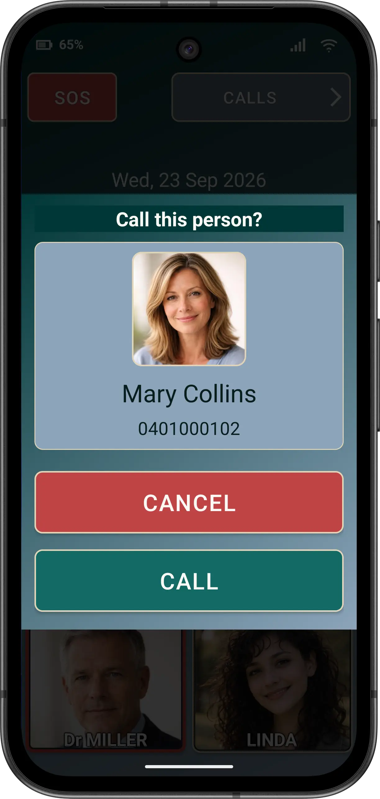 Illustrative Elder Dialler confirmation with fictitious identity, CALL and CANCEL.