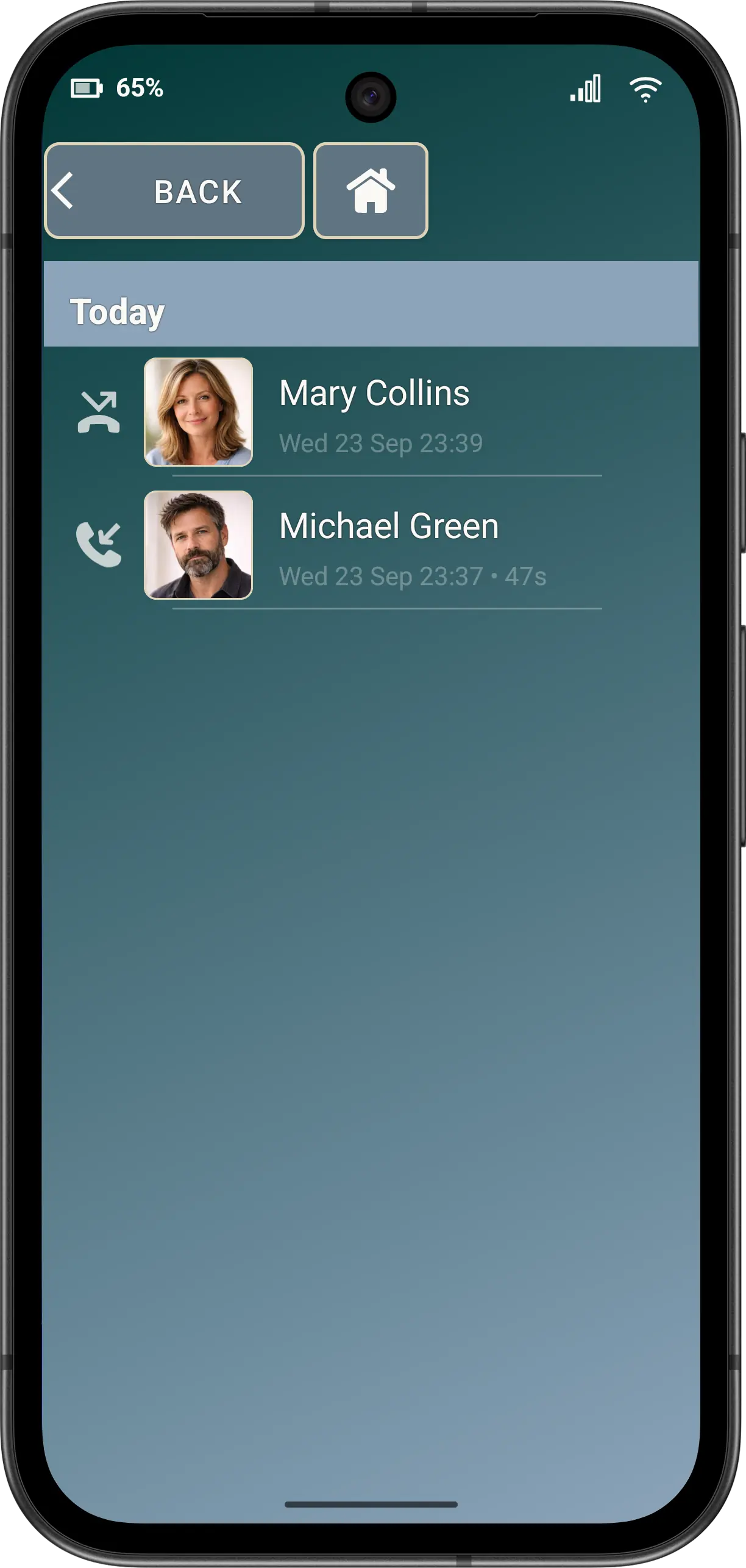 Illustrative Elder Dialler history with a fictitious missed call.