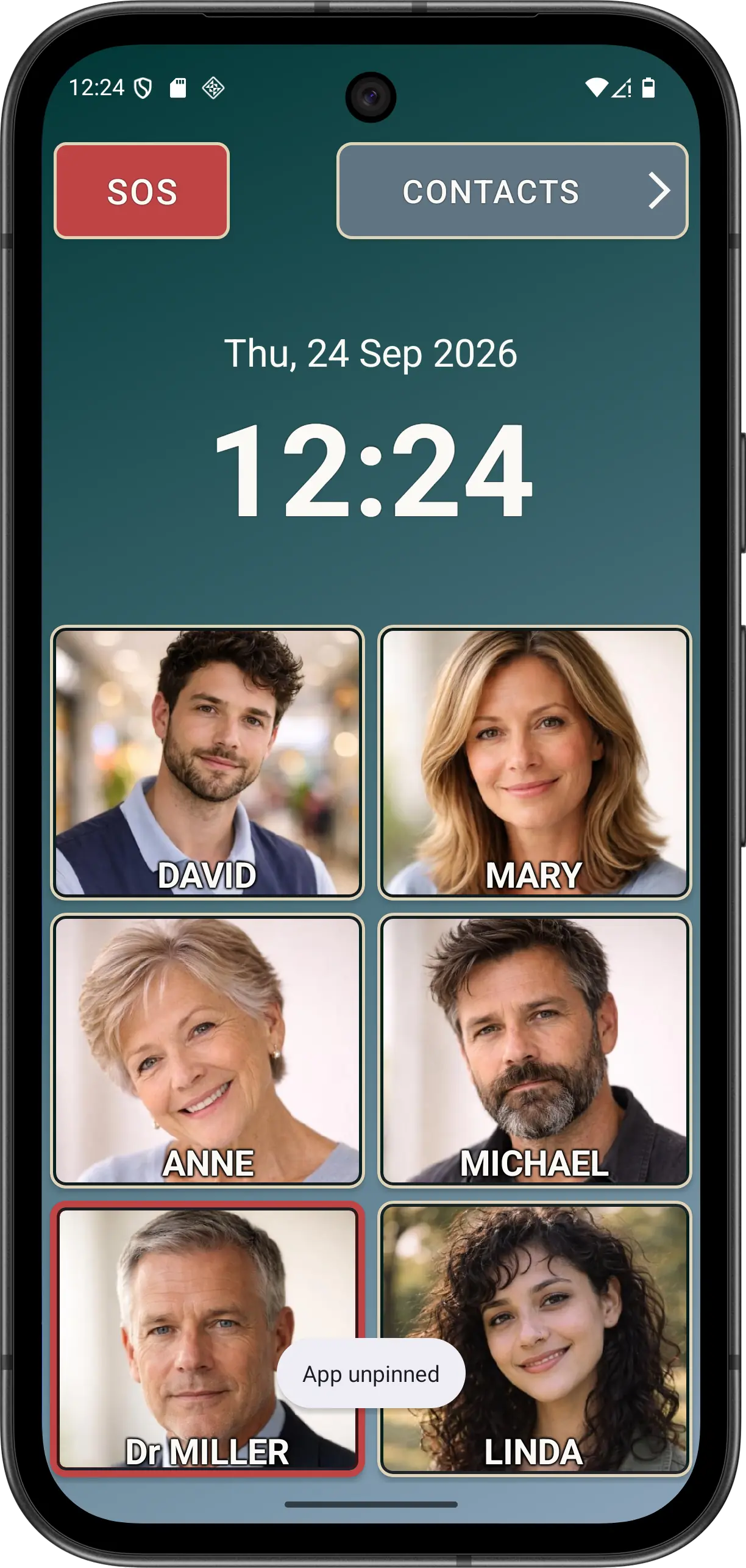 Elder Dialler help shown after the clock is pressed and held for five seconds.