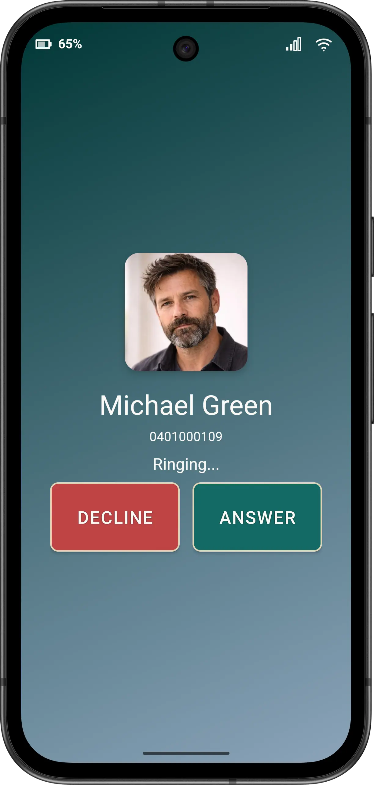 Illustrative Elder Dialler incoming-call screen for a fictitious known contact.