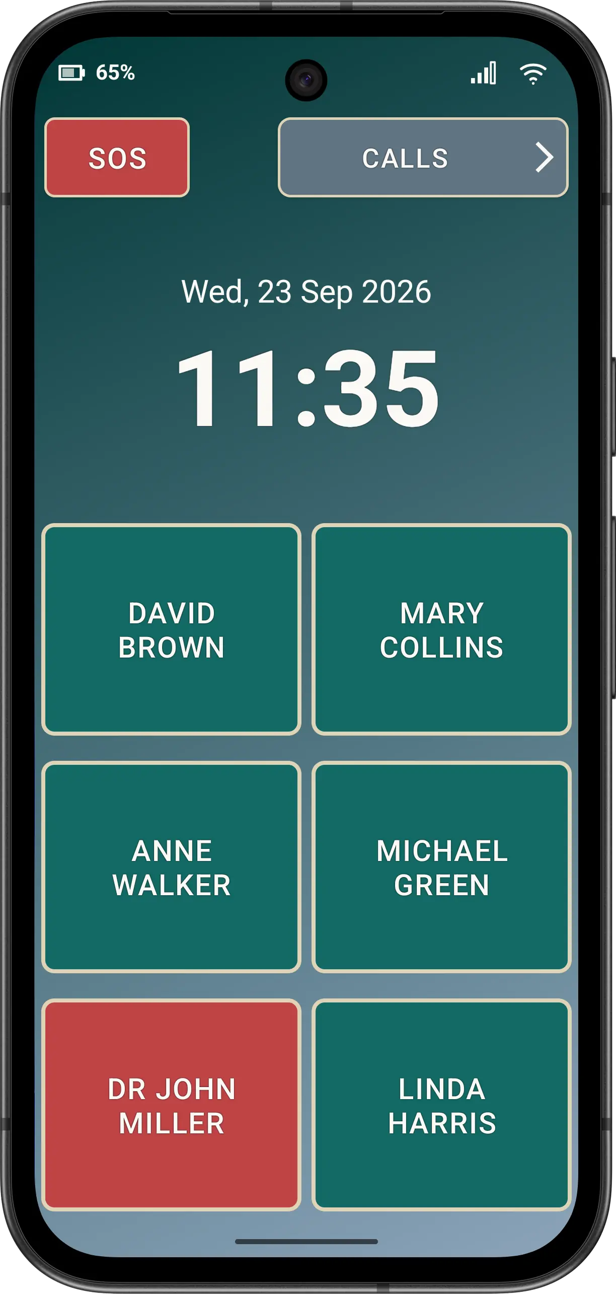 Illustrative Elder Mode main screen with six large text speed-dial buttons for fictitious contacts.