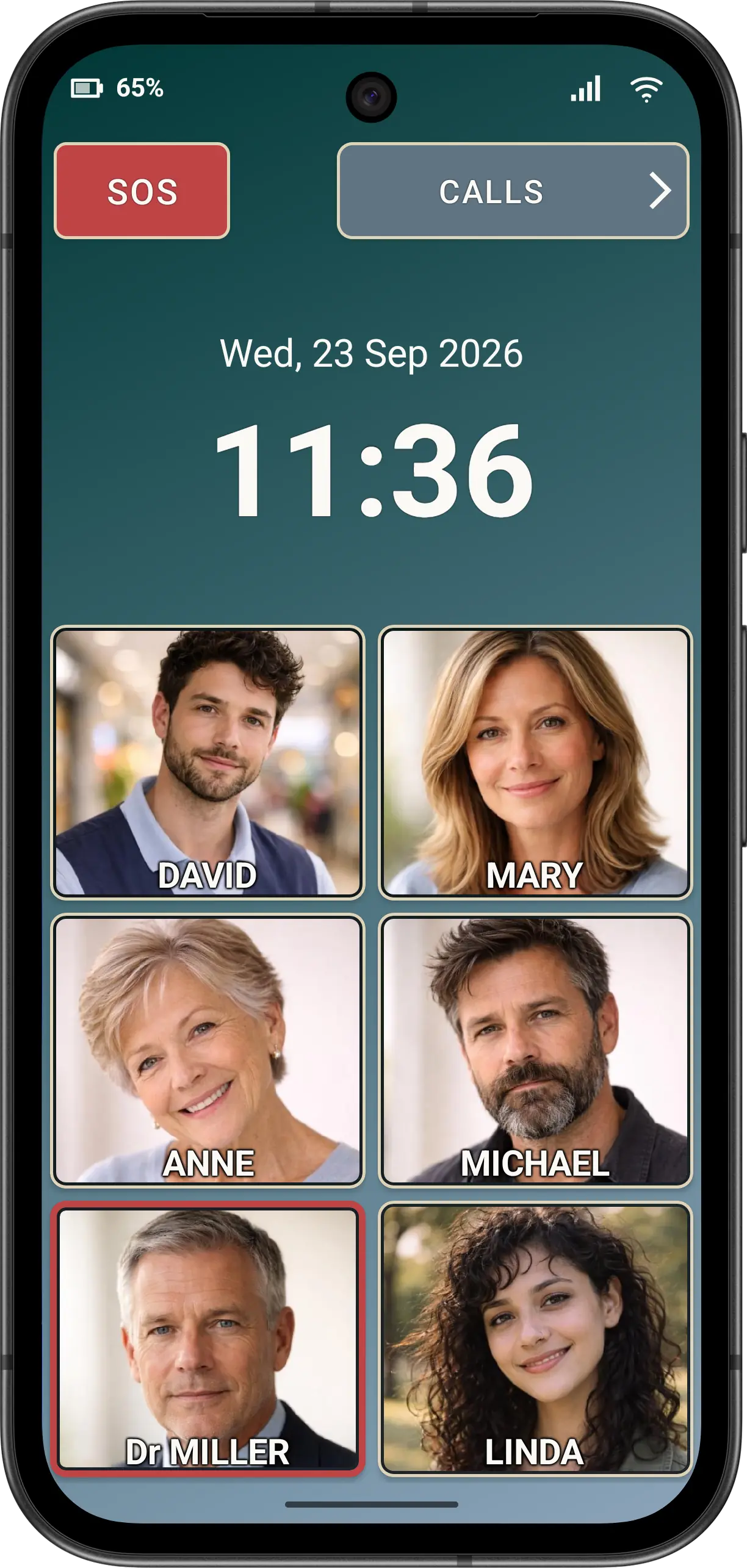 Illustrative Elder Mode speed dial ready to select.