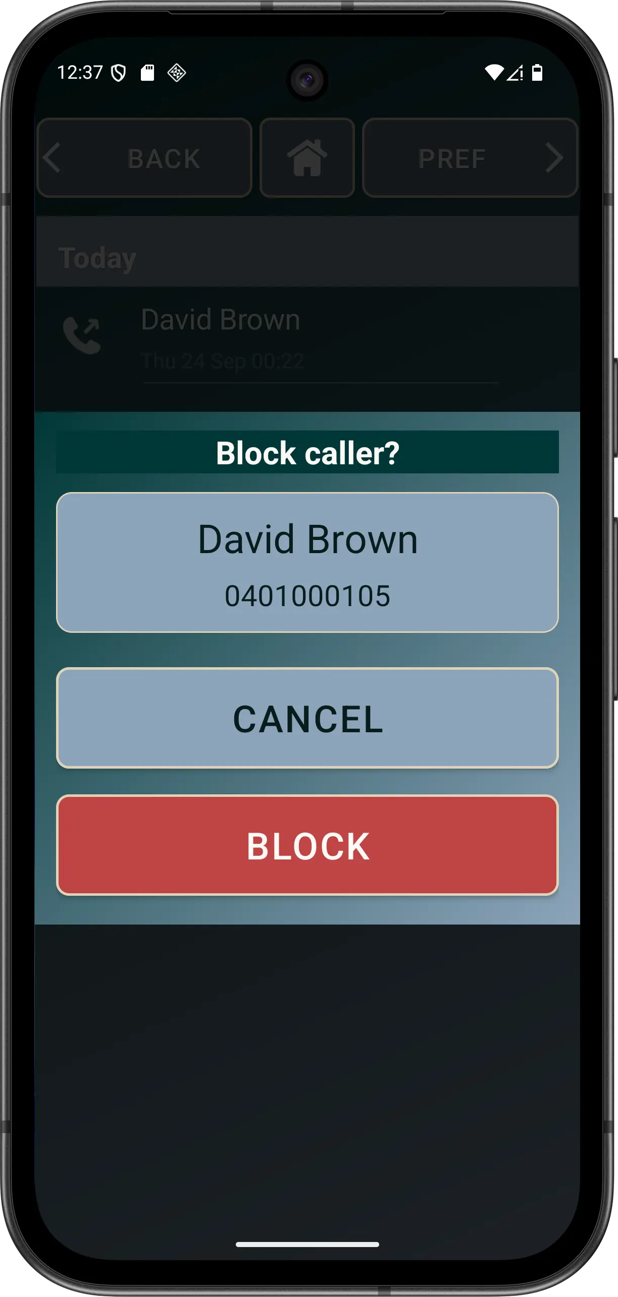 Illustrative long-press call-history menu with block and unblock actions.