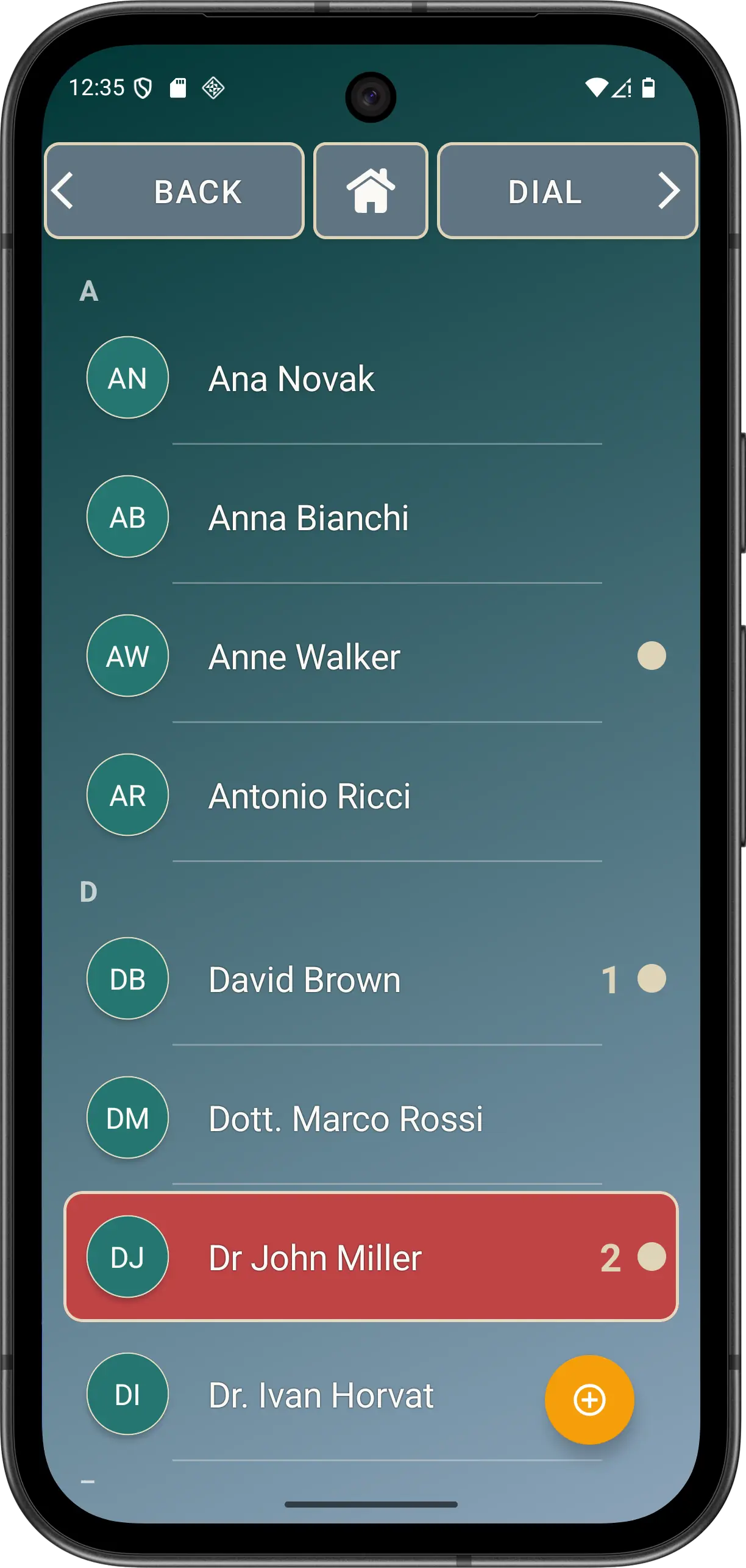 Illustrative Normal Mode call-history screen with CONTACTS navigation.