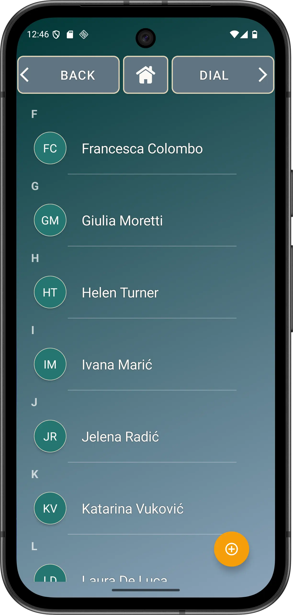 Illustrative Elder Dialler Contacts screen with the add-contact button.