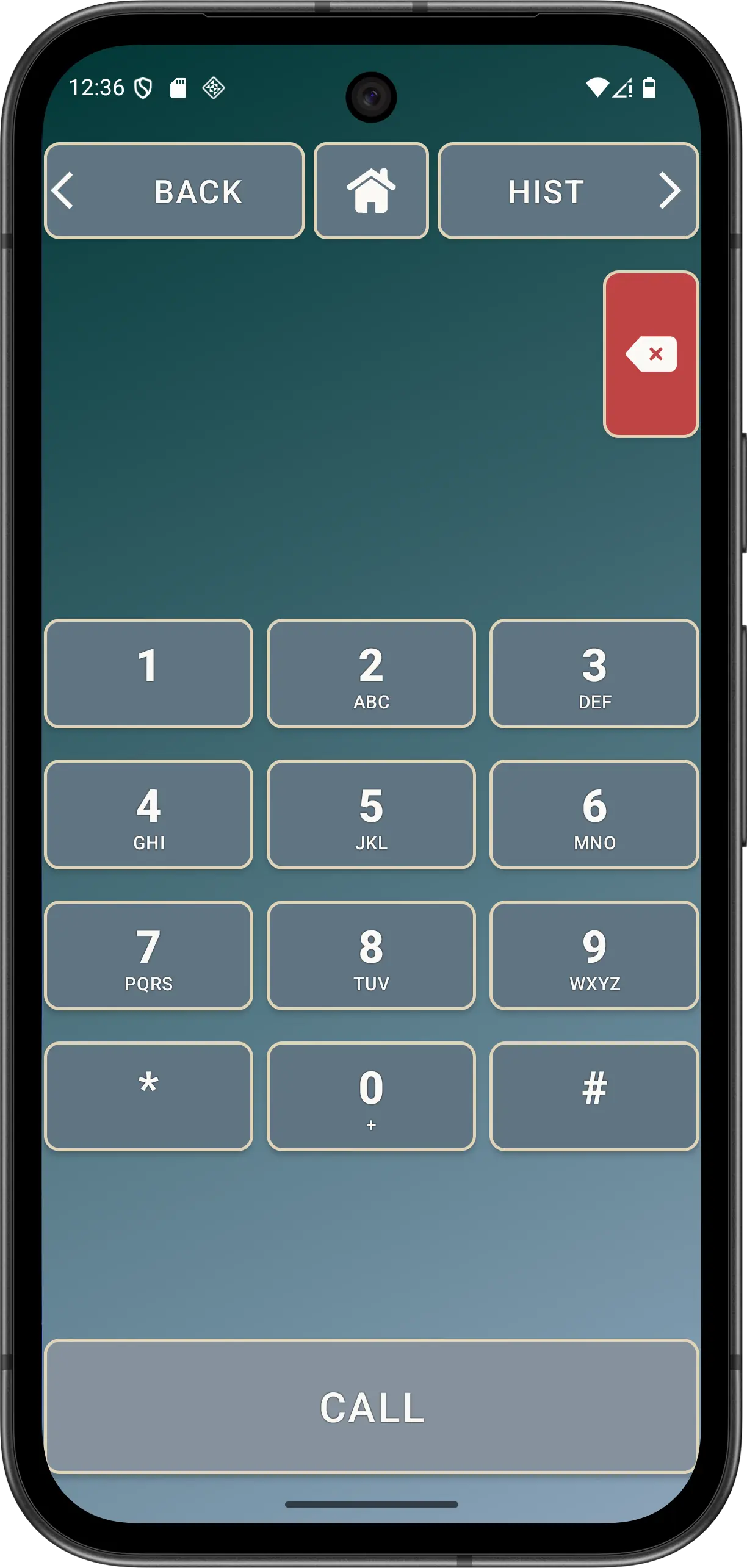 Illustrative Elder Dialler Dial Pad with digits, letters, Backspace and CALL.