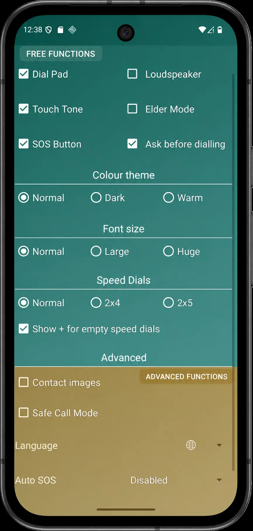 Illustrative Elder Dialler Preferences screen showing free and Advanced areas.